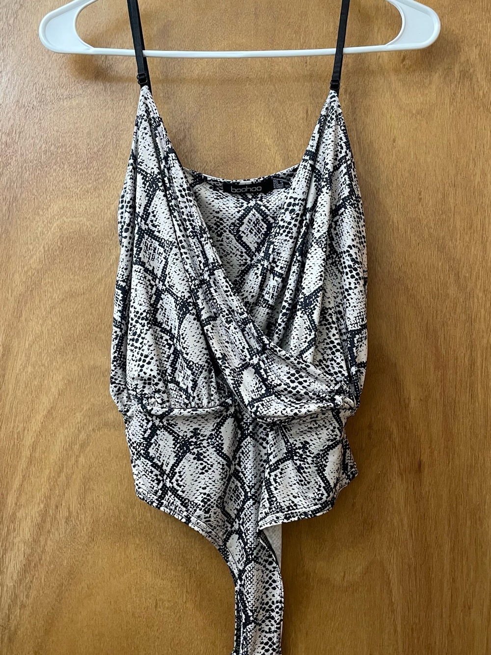 boohoo Black and White Snake Print Wrap-Front Bodysuit